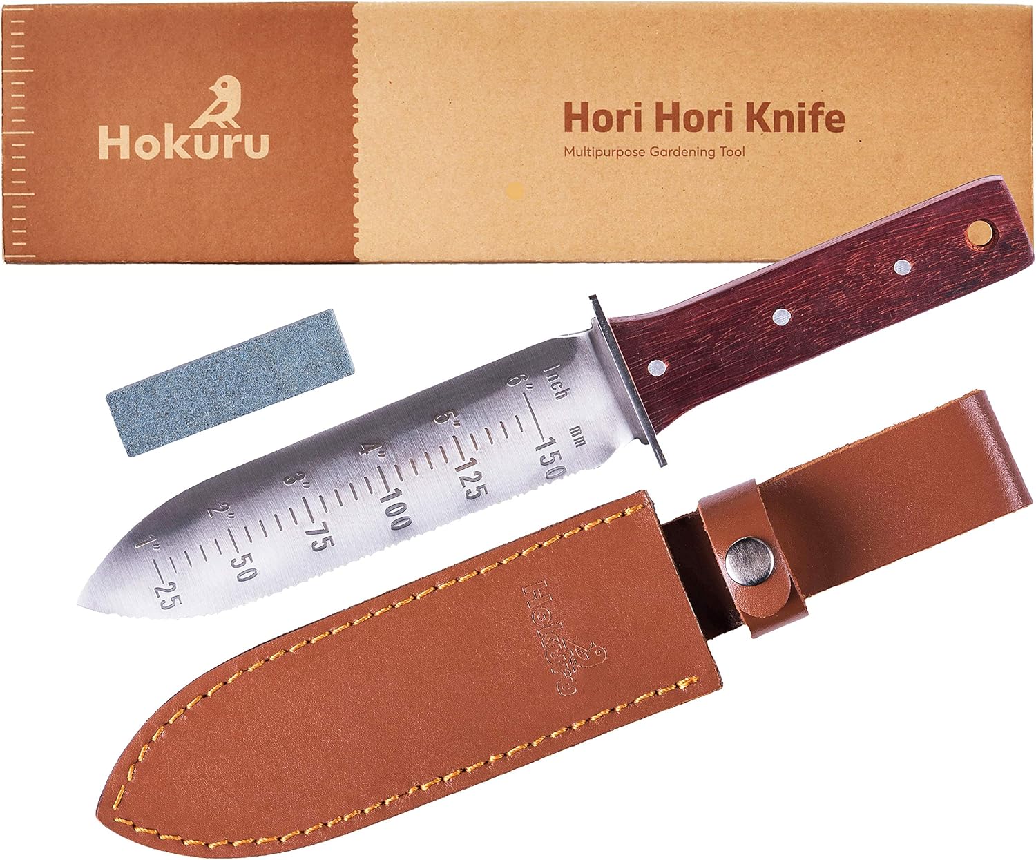 Hori Hori Knife with Leather Sheath & Stone